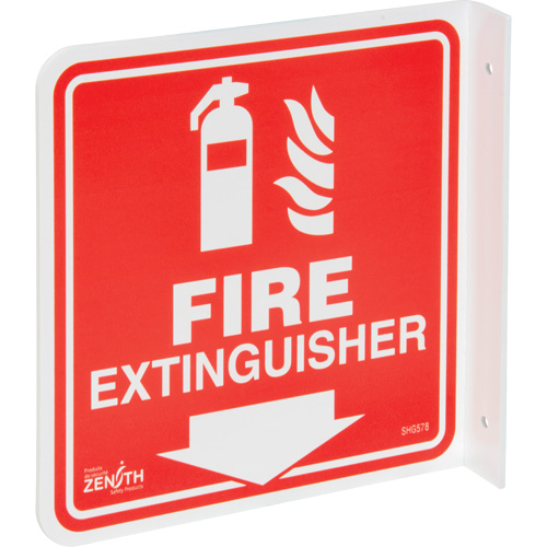 90° Projecting "Fire Extinguisher" Sign, 8" x 8", Plastic, English with Pictogram