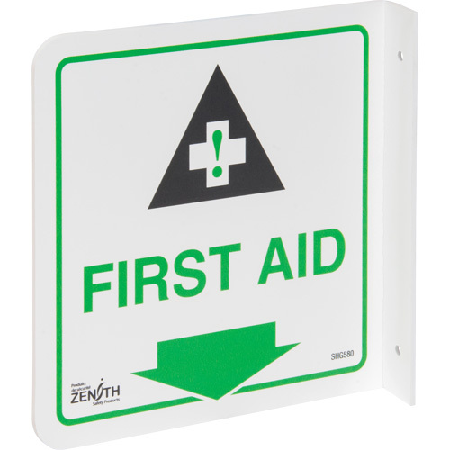 90° Projecting "First Aid" Sign, 8" x 8", Plastic, English with Pictogram