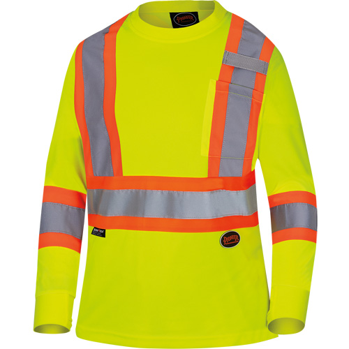 Women's Bird's-Eye Long-Sleeved Safety Shirt, Polyester, X-Small, High Visibility Lime-Yellow