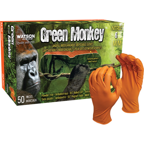 Green Monkey™ Disposable Gloves, 2X-Large, Nitrile, 6-mil, Powder-Free, Orange