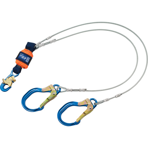 Energy Absorbing Lanyard, 6', Rebar Hook Center, Snap Hook Leg Ends, Metal