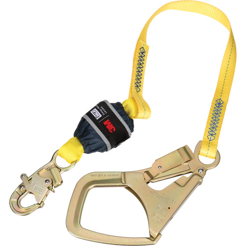 Web Shock-Absorbing Lanyard, 4', Rebar Hook Center, Snap Hook Leg Ends, Polyester