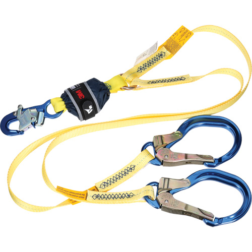 Twin-Leg Web Shock-Absorbing Lanyard, 6', Rebar Hook Center, Snap Hook Leg Ends, Polyester