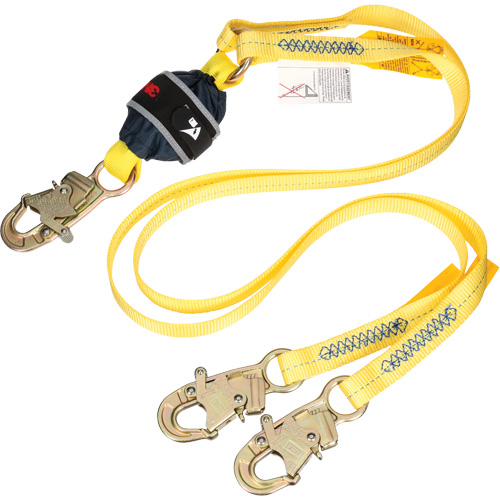 Twin-Leg Web Shock-Absorbing Lanyard, 6', Snap Hook Center, Snap Hook Leg Ends, Polyester