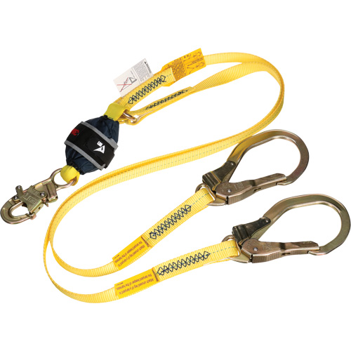 Twin-Leg Web Shock-Absorbing Lanyard, 6', Rebar Hook Center, Snap Hook Leg Ends, Polyester