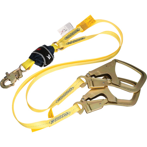 Twin-Leg Web Shock-Absorbing Lanyard, 6', Rebar Hook Center, Snap Hook Leg Ends, Polyester