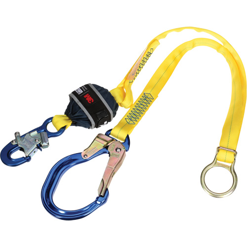 Tie-Back Web Shock-Absorbing Lanyard, 6', Rebar Hook Center, Snap Hook Leg Ends, Polyester