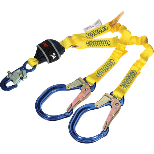 Twin-Leg Stretch Web Shock-Absorbing Lanyard, 4', Rebar Hook Center, Snap Hook Leg Ends