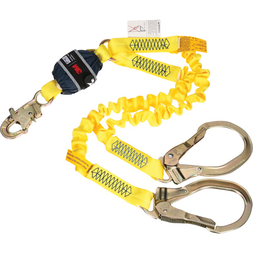 Twin-Leg Stretch Web Shock-Absorbing Lanyard, 6', Rebar Hook Center, Snap Hook Leg Ends