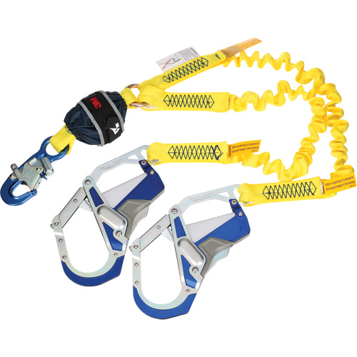 Twin-Leg Stretch Web Shock-Absorbing Lanyard, 6', Rebar Hook Center, Snap Hook Leg Ends