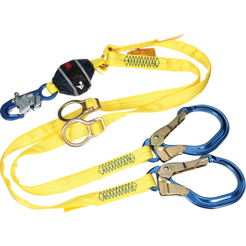 Twin-Leg Tie-Back Web Shock-Absorbing Lanyard, 6', Rebar Hook Center, Snap Hook Leg Ends, Polyester