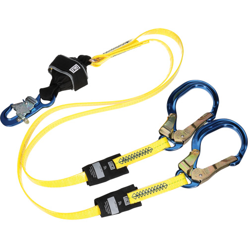 Twin-Leg Arc Flash Coated Web Shock-Absorbing Lanyard, 6', Rebar Hook Center, Snap Hook Leg Ends
