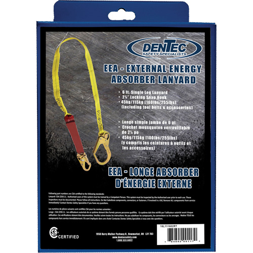 External Energy Absorber Lanyard with 2-1/4" Hook in Retail Box, 6', Snap Hook Center, Snap Hook Leg Ends, Polyester