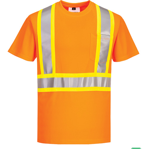 Contrast-Striped Safety T-Shirt, Polyester, Small, High Visibility Orange