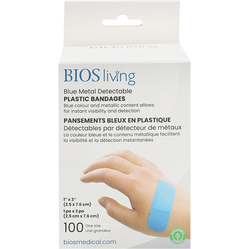 Blue Water-Resistant Bandages, Rectangular/Square, 3", Plastic Metal Detectable, Sterile