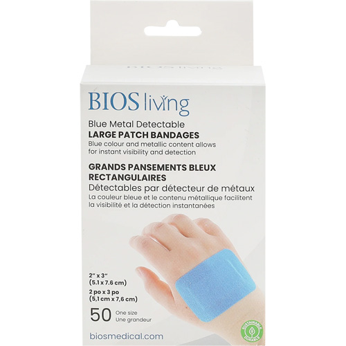 Blue Large Patch Bandages, Rectangular/Square, 3", Fabric Metal Detectable, Sterile