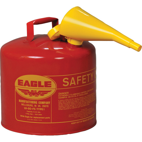 Safety Can for Flammables with Funnel, Type I, Galvanized Steel, 5 US gal., Red, FM Approved/UL/ULC Listed