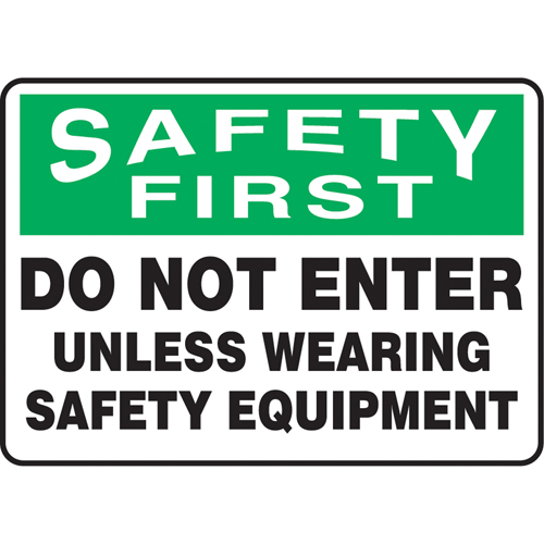 "Wearing Safety Equipment" Sign, 7" x 10", Aluminum, English
