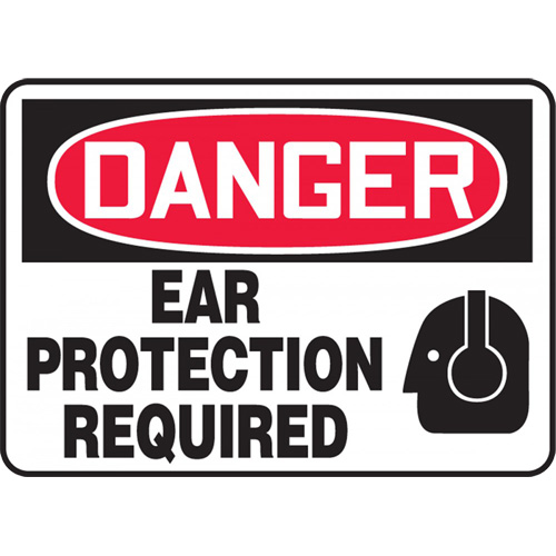 "Ear Protection Required" Sign, 14" x 10", Plastic, English with Pictogram