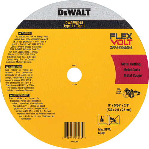 FlexVolt Metal Cut-Off Wheel, 9-1/16" x 0.078", 22.23 mm Arbor, Ceramic, Type 1