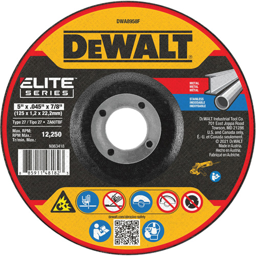 Elite™ Series Metal Cut-Off Wheel, 5" x 0.045", 7/8" Arbor, Zirconia Alumina, Type 27