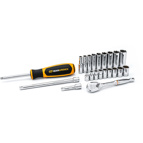 6 & 12 Point Metric Mechanics Tool Set, 22 Pcs, 1/4" Drive Size, Deep
