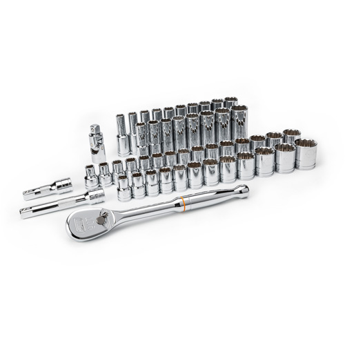 12-Point SAE/Metric Mechanics Tool Set, 49 Pcs, 1/2" Drive Size, Deep
