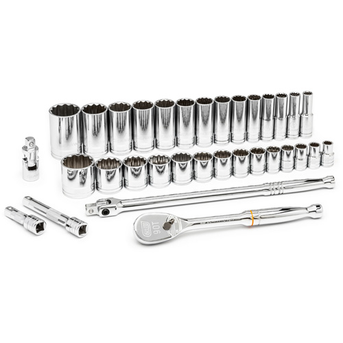 12 Point SAE Mechanics Tool Set, 33 Pcs, 1/2" Drive Size, Deep