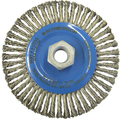 Wire Wheel Brushes, 5-7/8" Dia., 0.02" Fill, 5/8"-11 Arbor, Stainless Steel