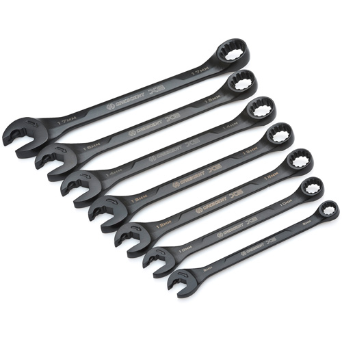X6™ Black Oxide Spline Ratcheting Wrench Set, Combination/Open-Ended, 7 Pieces, Metric