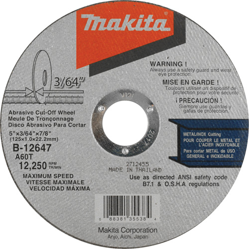 Thin Kerf Cut-Off Wheel, 5" x 3/64", 7/8" Arbor, Type 1, Aluminum Oxide, 12250 RPM