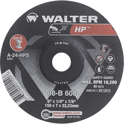 HP™ Depressed Centre Grinding Wheel, 6" x 1/4", 7/8" Arbor, Type 27