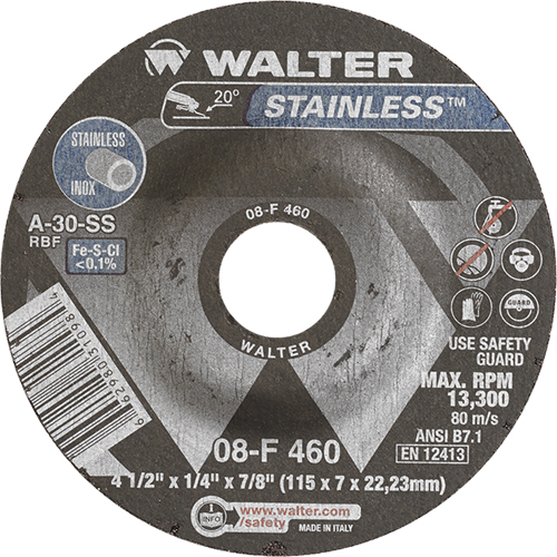 Stainless Steel Depressed Centre Grinding Wheels, 4-1/2" x 1/4", 7/8" Arbor, Type 27
