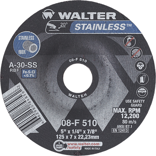 Stainless Steel Depressed Centre Grinding Wheels, 5" x 1/4", 7/8" Arbor, Type 27