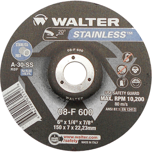 Stainless Steel Depressed Centre Grinding Wheels, 6" x 1/4", 7/8" Arbor, Type 27