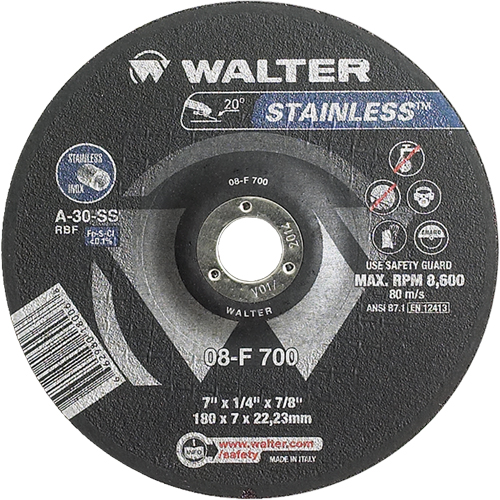 Stainless Steel Depressed Centre Grinding Wheels, 7" x 1/4", 7/8" Arbor, Type 27