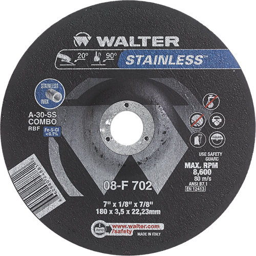 Depressed Centre Grinding Wheels - Stainless Type 27, 7" x 1/8", 7/8" Arbor, Type 27