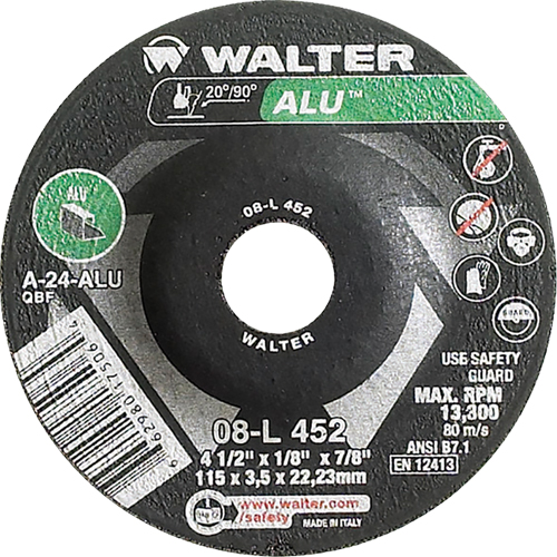 Depressed Centre Grinding Wheels - Aluminium Type 27, 4-1/2" x 1/8", 7/8" Arbor, Type 27