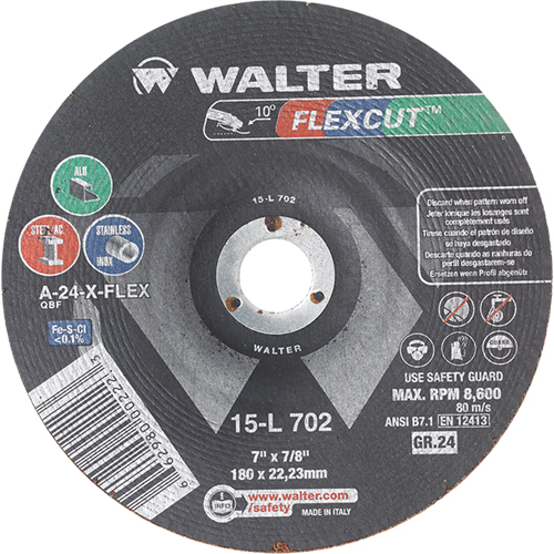 Flexcut™ Depressed Centre Grinding Wheels, 7", 24 Grit, Aluminum Oxide, 7/8", 8600 RPM, Type 29