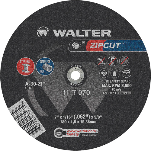 Zipcut™ Reinforced Cut-Off Wheel, 7" x 1/16", 5/8" Arbor, Type 1, Aluminum Oxide, 8600 RPM