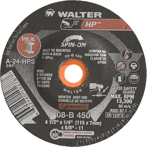 HP™ Spin-On Grinding Wheel, 4-1/2" x 1/4", 5/8"-11 Arbor, Type 27S