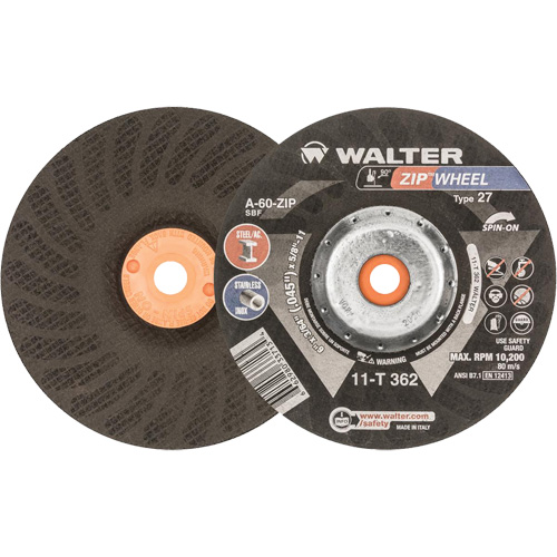Spin-On Zipcut™ Right Angle Grinder Reinforced Cut-Off Wheels, 6" x 7/8", 5/8"-11 Arbor, Type 27, Aluminum Oxide, 10200 RPM