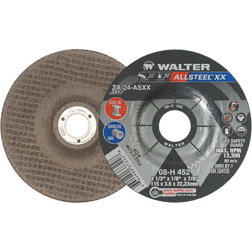 Depressed Centre Grinding Wheels - Allsteel™ XX, 4-1/2" x 1/8", 7/8" Arbor, Type 27, Zirconia Alumina, 13300 RPM