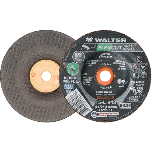 FLEXCUT MILL SCALE™ Grinding Wheel, 4-1/2", 36 Grit, Aluminum Oxide, 5/8"-11, 13300 RPM, Type 29