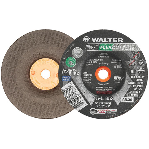 FLEXCUT MILL SCALE™ Grinding Wheel, 5", 36 Grit, Aluminum Oxide, 5/8"-11, 12200 RPM, Type 29