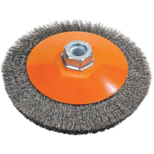 Saucer Crimped Wire Wheel, 4" Dia., 0.012" Fill, 5/8"-11 Arbor