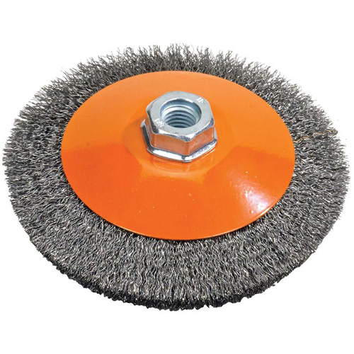 Saucer Crimped Wire Wheel, 6" Dia., 0.012" Fill, 5/8"-11 Arbor