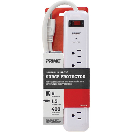 Surge Protector, 6 Outlets, 400 J, 1875 W, 2' Cord