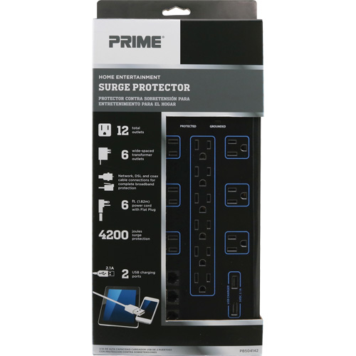 USB Charging Surge Protectors, 12 Outlets, 4200 J, 1875 W, 6' Cord