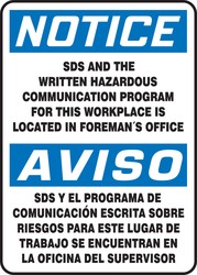 Bilingual OSHA Notice Safety Sign: SDS And The Written Hazardous Communication Program For This Workplace Is Located In Foreman's Office